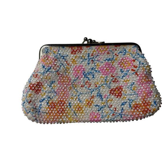 Vintage White Pink Red Blue Lumured Corde Bead Bag Hand Bag Wallet Coin Purse - Picture 6 of 7